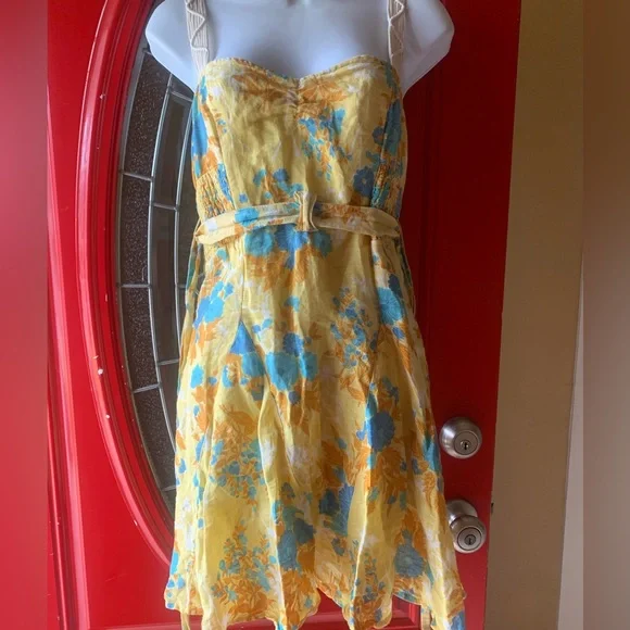 FREE PEOPLE Linen & Cotton Yellow Blue Floral Print Summer DRESS